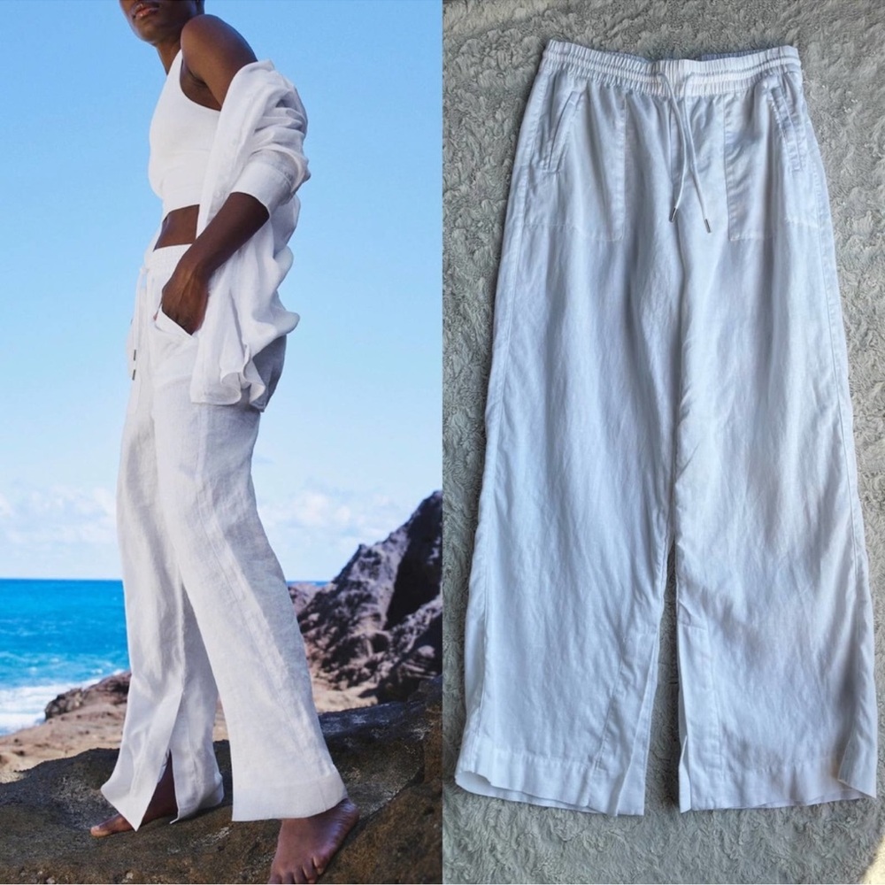 Athleta retreat linen wide leg pant pants white high rise waisted tie waist 10